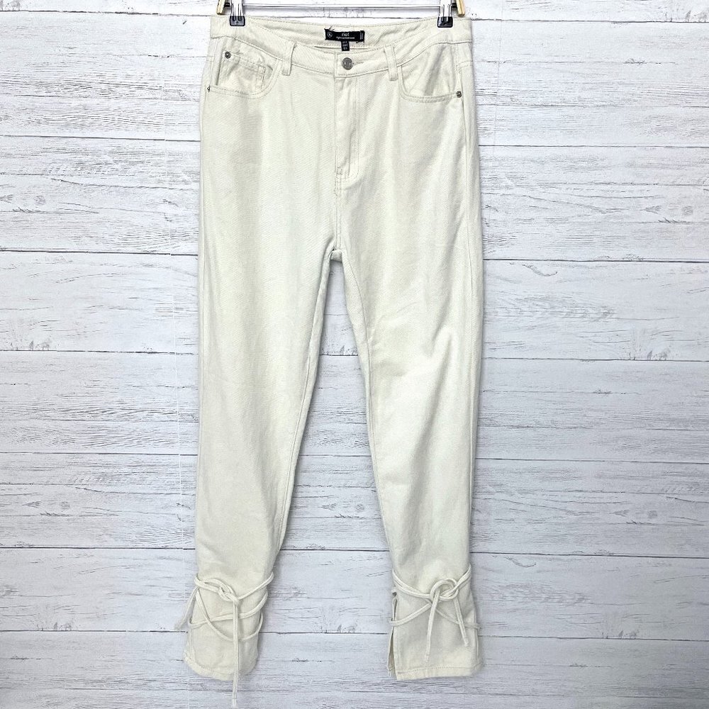 Misguided Women's Ivory Jeans Riot High Rise Mom Jeans Tie Legs size 8 length 32